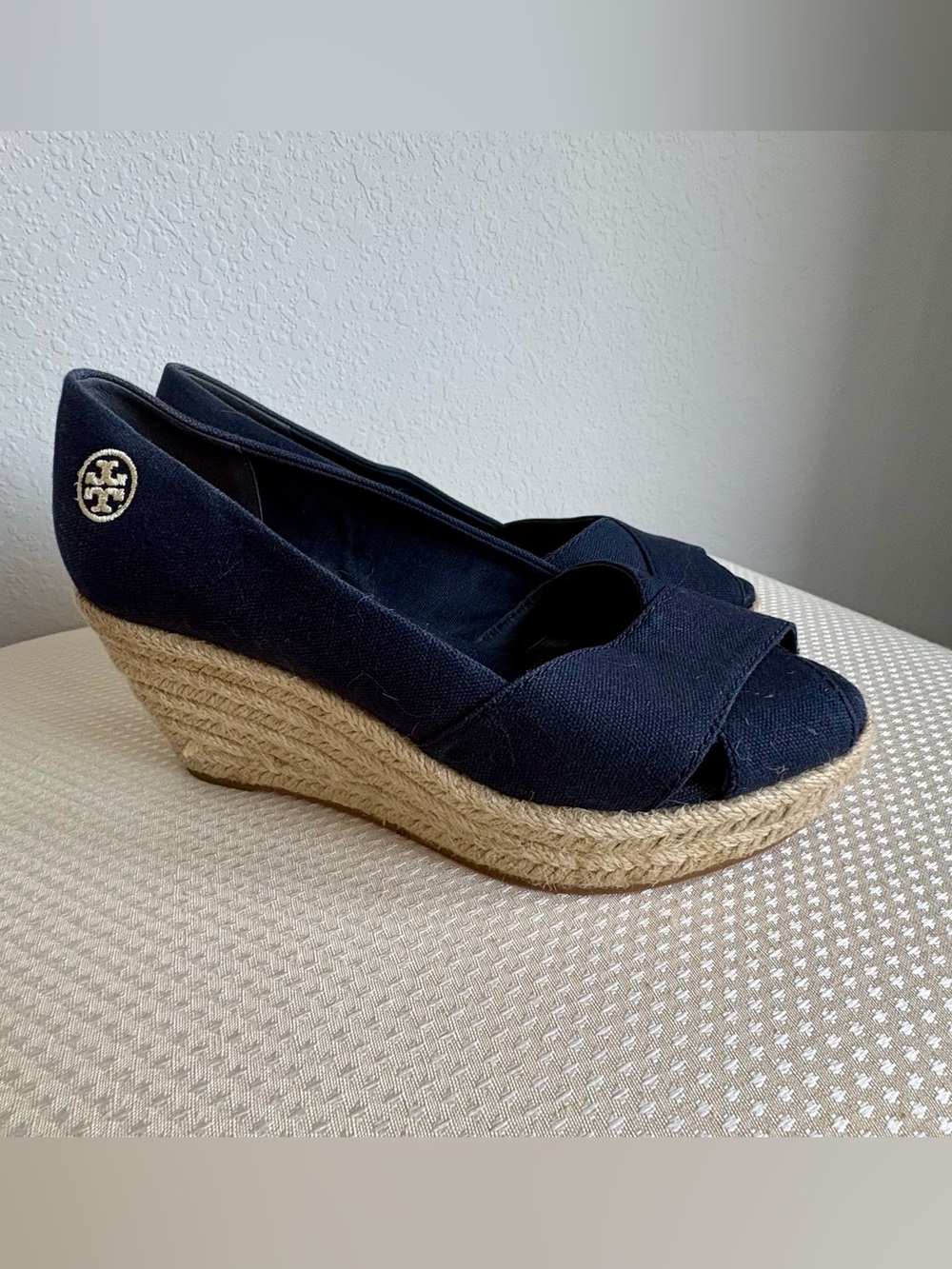 Tory Burch Filipa Navy Canvas Wedge Espadrilles 7.5